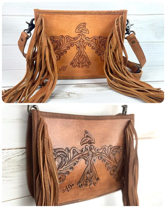Firebird Tooled Leather Fringe Crossbody Purse