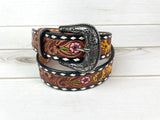 Pink Daisy & Sunflower Tooled Leather Woman’s Belt