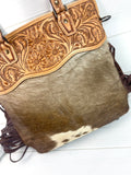 CLEARANCE! Brown Hide Tote with Leather Tooling and Fringe