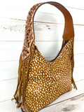 Deer Print on Hide Tooled Fringe Hobo Style Handbag