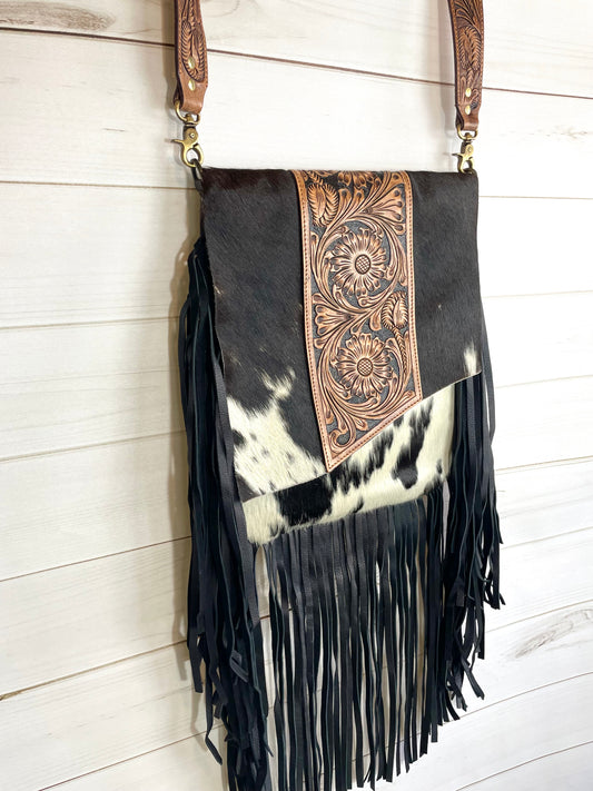 Pecos Black Leather Tooled Fringe Large Crossbody Bag