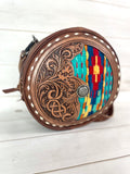 Red and Turquoise Wool and Leather Round Canteen Crossbody Bag