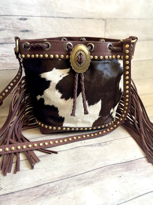 Dark Brown Hide Leather Bolo Tie Hide Bucket Handbag