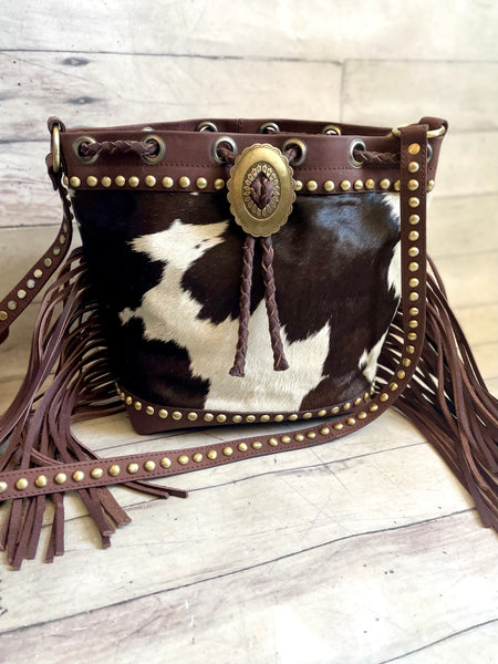 Dark Brown Hide Leather Bolo Tie Hide Bucket Handbag