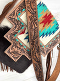 Monument Turquoise Wool Pattern Inset Tooled Leather Over Hide