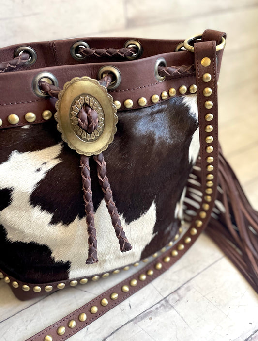 Dark Brown Hide Leather Bolo Tie Hide Bucket Handbag