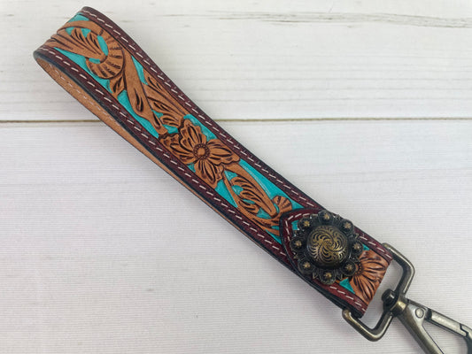Turquoise Painted Tooled Wristlet Leather Keychain