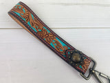 Turquoise Painted Tooled Wristlet Leather Key Fob