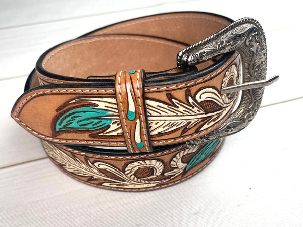 NEW AMERICAN DARLING women\'s tooled leather western belt in turquoise feathers American Darling Feather Tooled Leather Belt With Hair On  main image 4