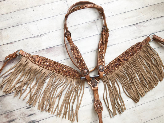 Tooled Leather with Light Suede Fringe Tack Set