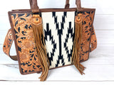 Black and Cream Aztec Pattern Wool Large Tote with Dark Leather Floral Tooling
