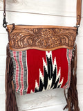 Red and Black Diamond Pattern Wool & Leather Tooled Crossbody Handbag
