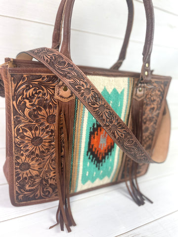 Turquoise & Orange Diamond Large Wool Tote with Dark Leather Floral Tooling