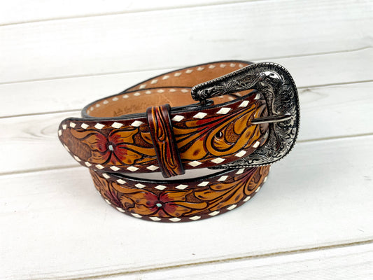 Buckstitch Floral Tooled Leather Woman’s Belt