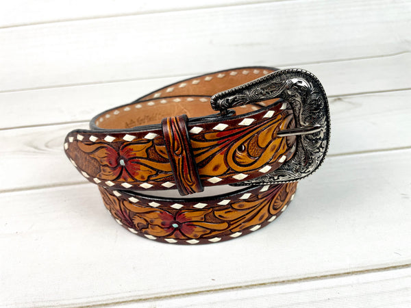 Buckstitch Floral Tooled Leather Woman’s Belt