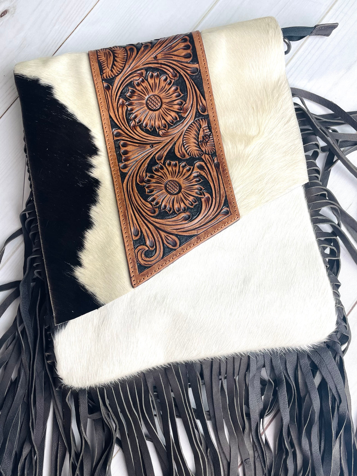 Pecos Black Leather Tooled Fringe Large Crossbody Bag
