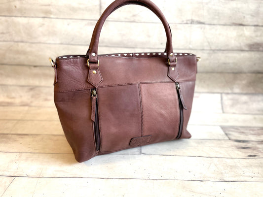 Scalloped Tooled Leather Buckstitch Cowhide Tote