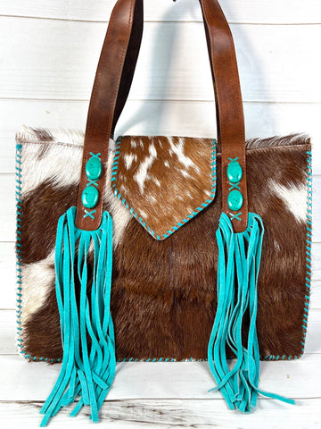 Showman Brown Cowhide Turquoise Suede Fringe Tote