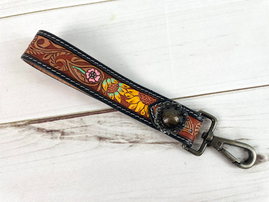 Colorful Floral Tooled Wristlet Leather Wristlet Keychain