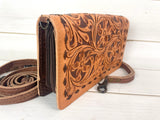 Floral Tooled Brown Buckstitch Carryall Wallet