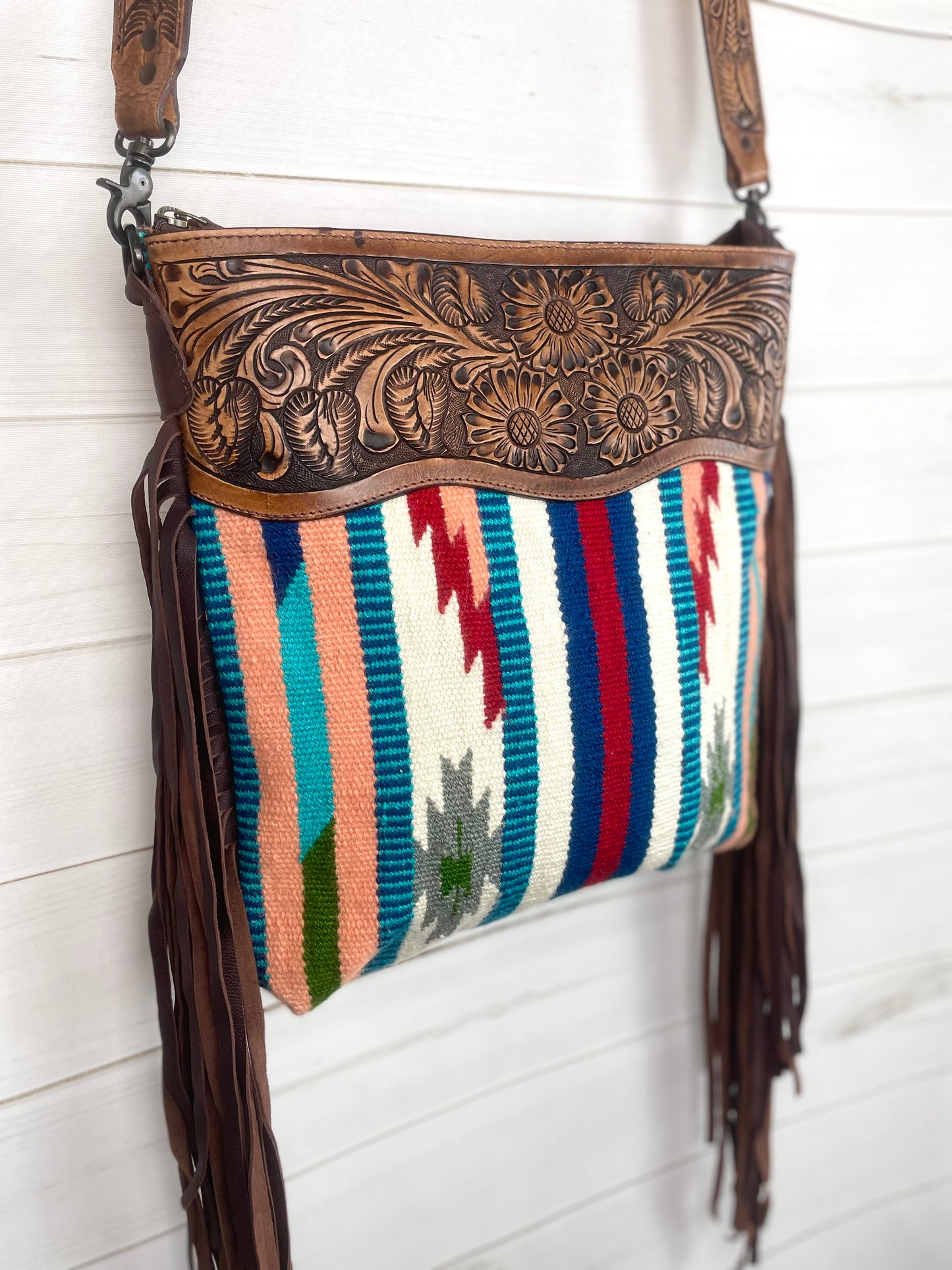 SALE! Peach Teal Serape Pattern Wool Leather Handbag