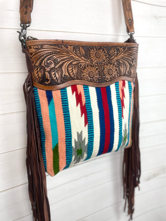 SALE! Peach Teal Serape Pattern Wool Leather Handbag
