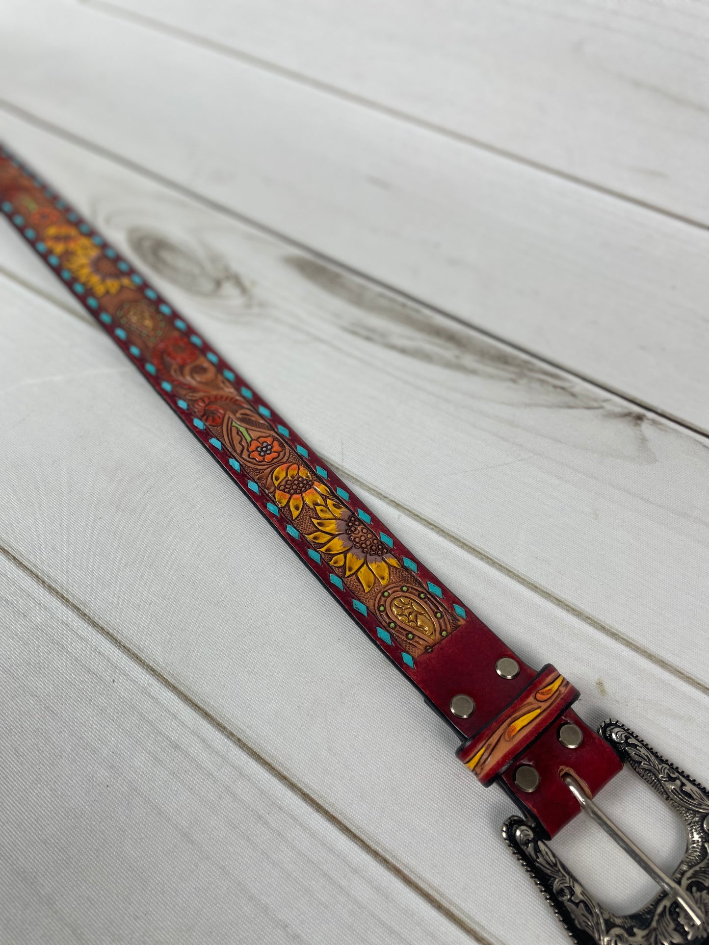 Turquoise Buckstitch Floral Tooled Leather Belt