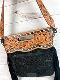Black Canyon Handle Cross Body Bag - Pattern Black Suede Brocade Design