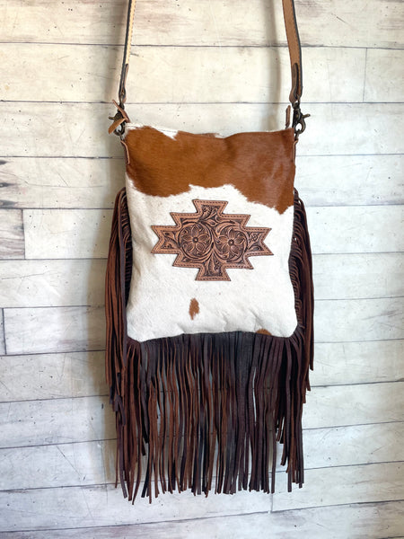 Brown & White Hair on Hide Leather Tooled Patch Crossbody Bag with Fringe