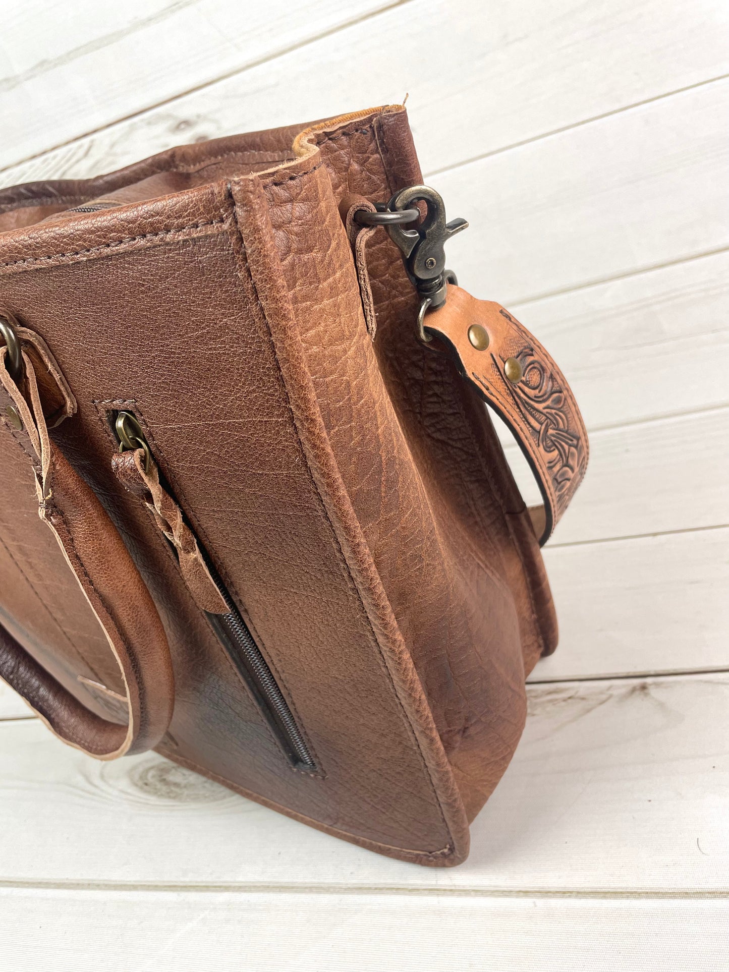 Prescott Black Grey Hide Tote with Leather Tooled Sunflowers
