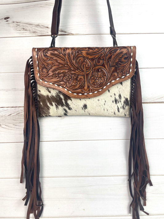 Arrow Leather Tooled and Cowhide Crossbody Bag