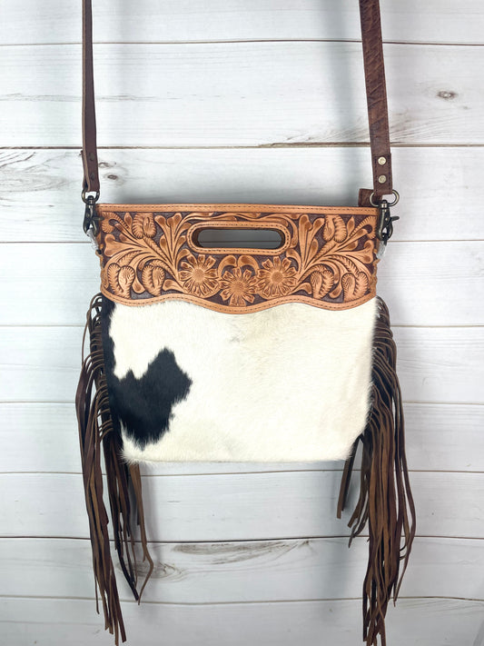 Brown Hide Tooled Handle Fringe / Crossbody Handbag
