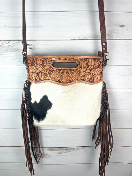 Brown Hide Tooled Handle Fringe / Crossbody Handbag