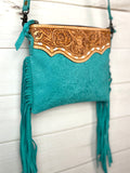 SALE! Turquoise Suede Brocade Medium Leather Tooled & Buckstitch Fringe Bag