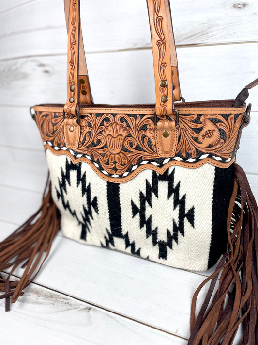 Black and Cream Wool & Leather Tote Purse