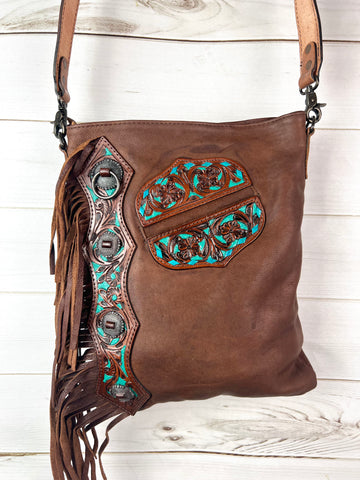 Sale!! La Paz Brown Leather Turquoise Painted Pocket Side Fringe Bag