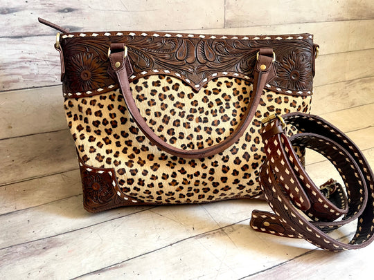 CLEARANCE! Western Leopard Print on Cowhide - Tooled Leather Buckstitch Handbag