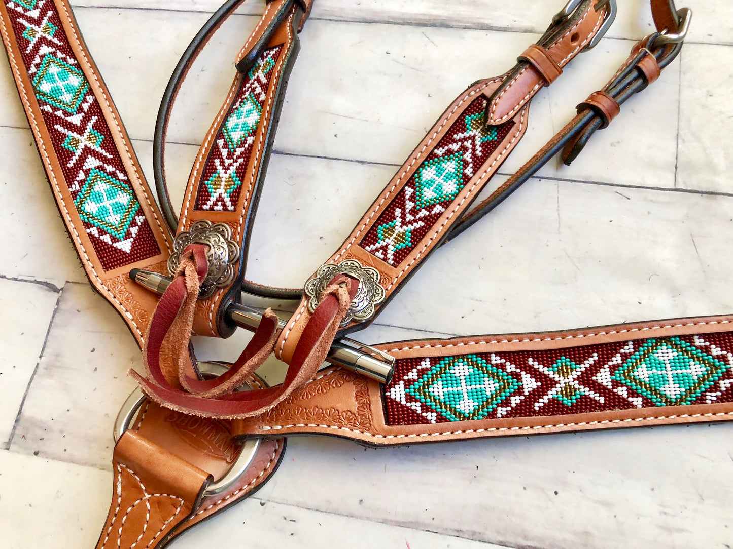 Teal & Brown Beaded Inset Tack Set