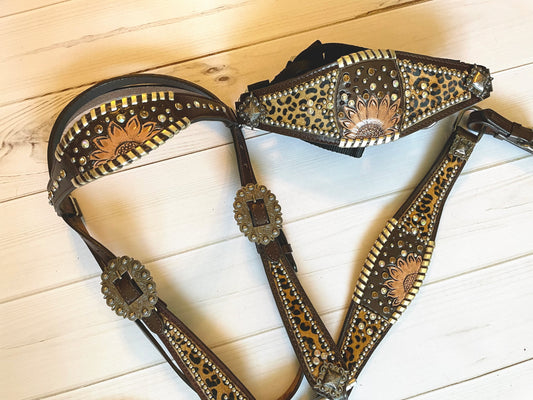 Dark Leather Gold Sunflower Leopard Bronc Halter