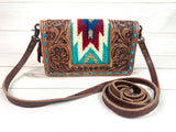 Turquoise Red Diamond Tooled Leather Wool Inset Carryall Wallet