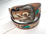 Turquoise & White Feather Tooled Leather Woman’s Belt