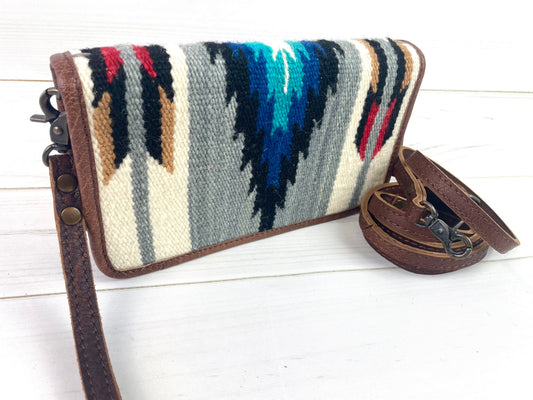 Blue and Grey Diamond Wool & Leather Carryall Wallet
