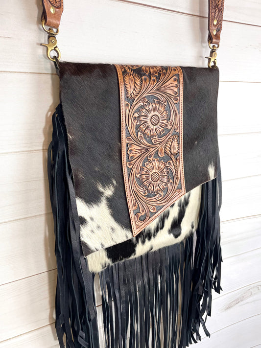 Pecos Black Leather Tooled Fringe Large Crossbody Bag