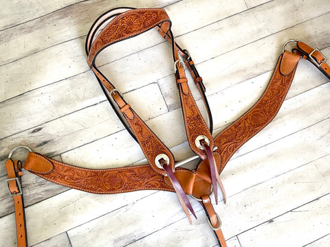Floral Tooled Tack Set - Roper Style Breast Collar