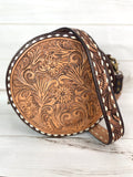 Floral Leather Tooled Buckstitch Round Canteen Crossbody Bag