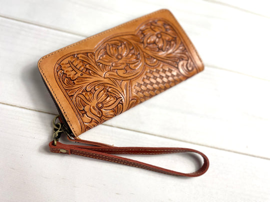 Floral & Basketweave Tooled Leather Outer Wallet