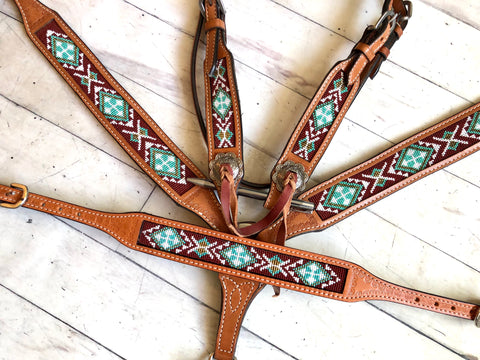 Tan Leather, Teal and Brown Beaded Wither Strap