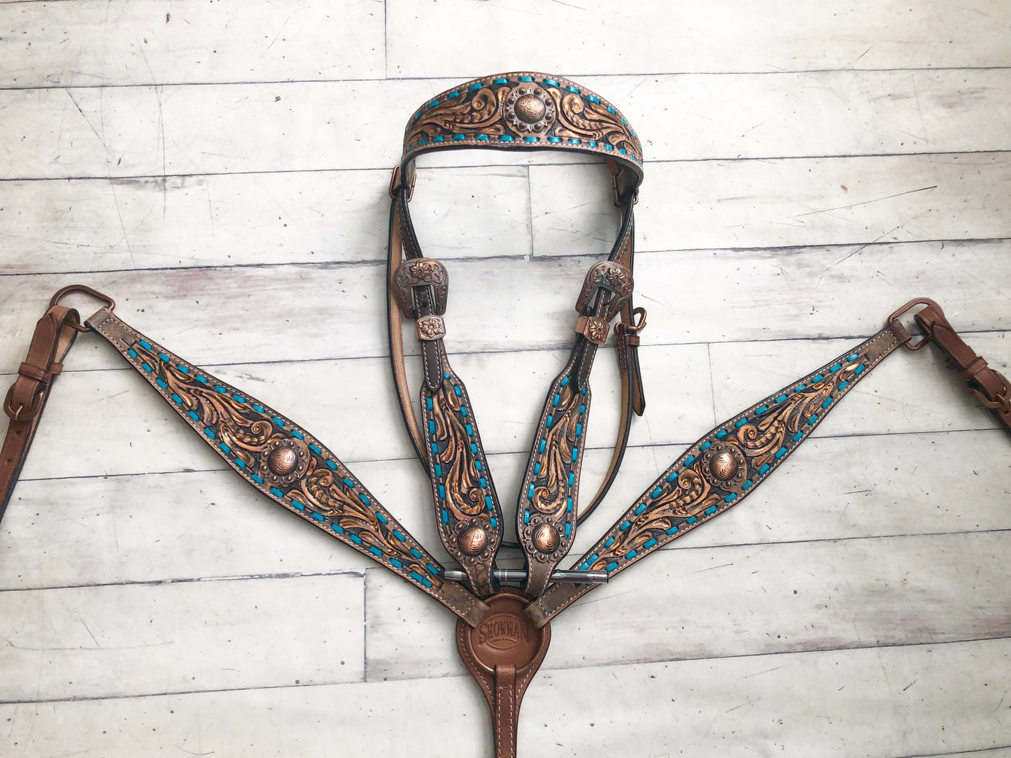 Teal Buckstitch Tooled Copper Brushed Set