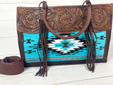 Large Tooled Leather & Blue Wool Tote