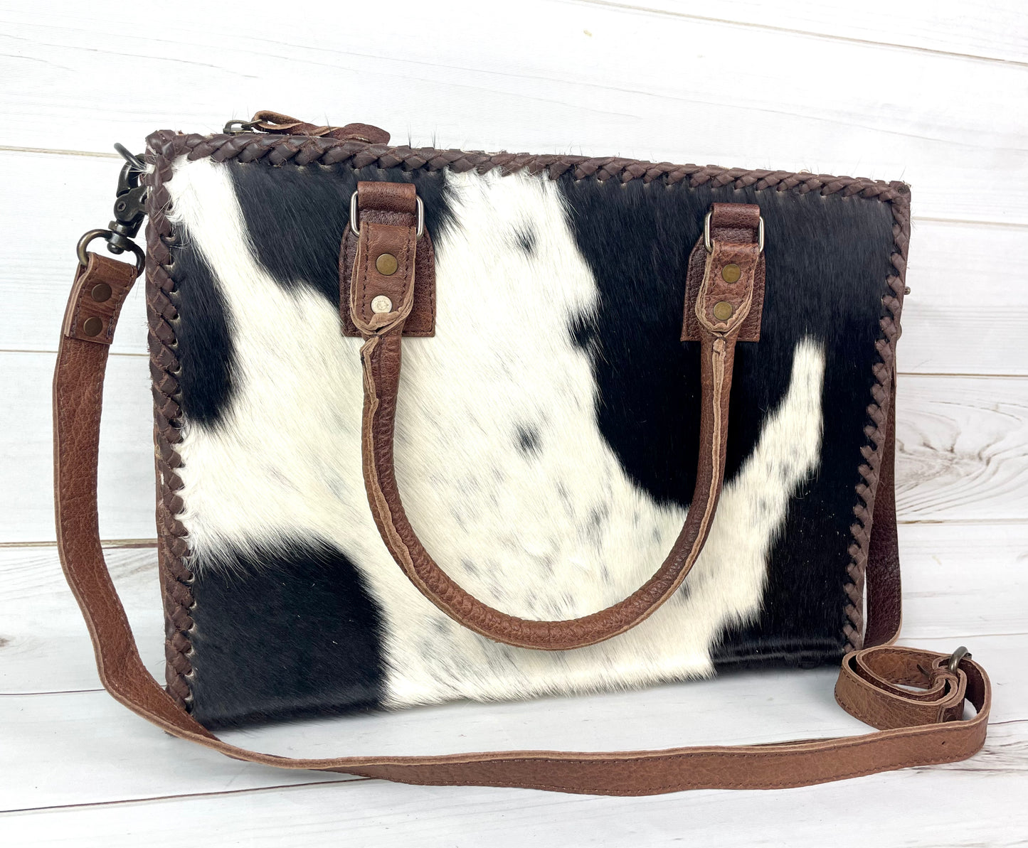 SALE! Leather Braided Dark Brown Cowhide Tote